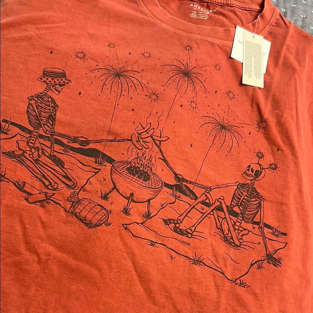 American Eagle Red Skeleton Firework BbQ T Shirt XXL Graphic Oversized Halloween